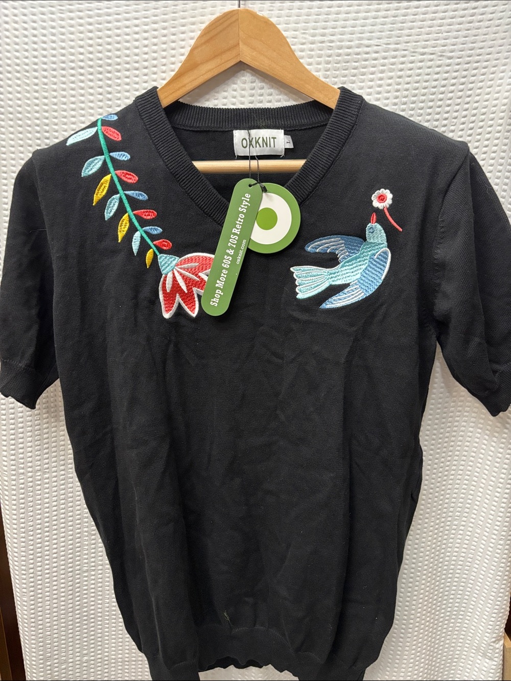 OKKNIT Black Embroidered V-Neck Knit Top with Bird & Floral Accents